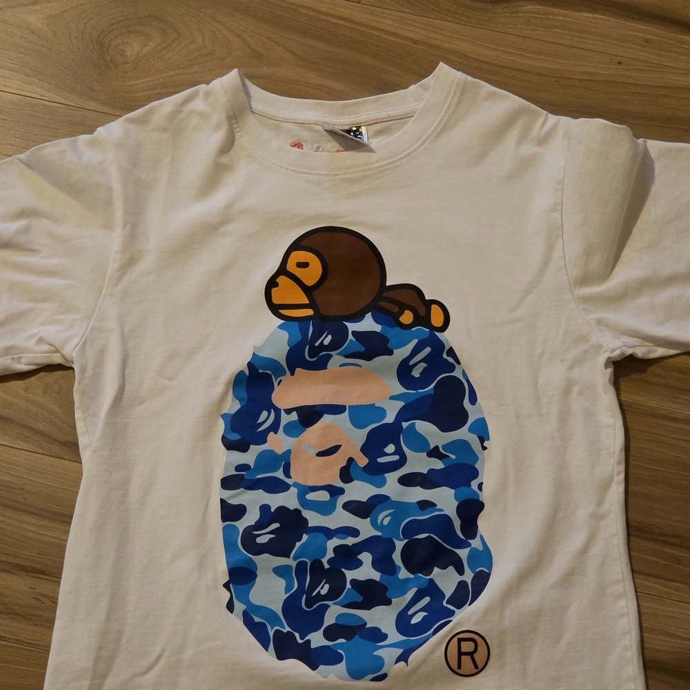 Bape White Tee with Blue Camo Ape Graphic